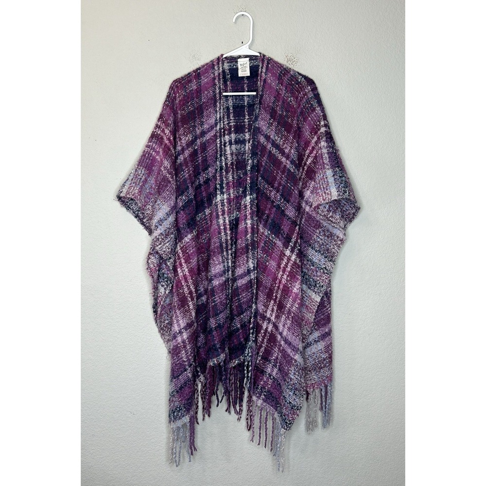 Woolrich Becca Plaid Blanket Wrap Poncho Shawl Purple Fringe Open Front OSFM